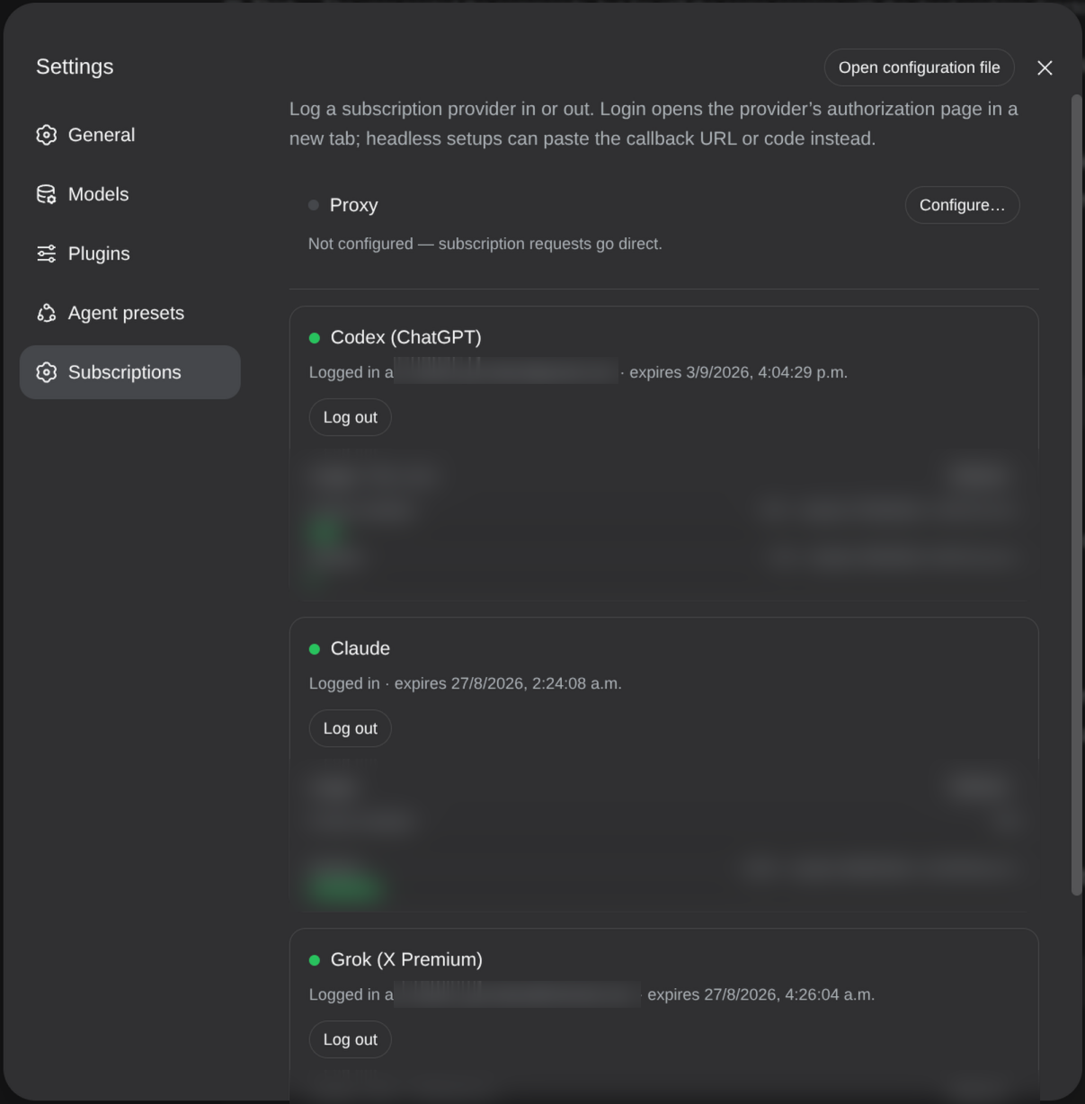 Providers in DeepSeek Harness under Settings → Subscriptions