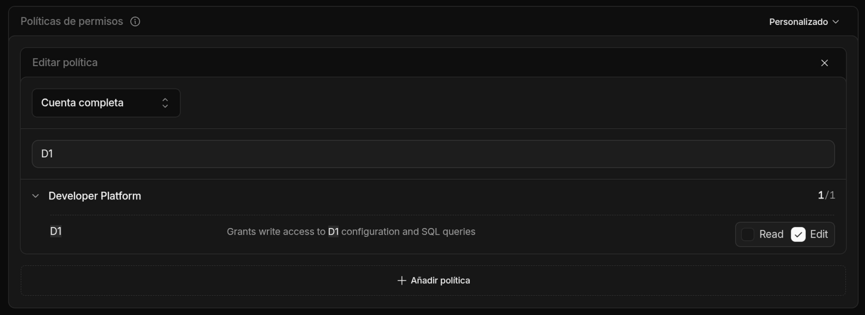 Screenshot of the permissions section of a Cloudflare token, showing "Account → D1 → Edit"
